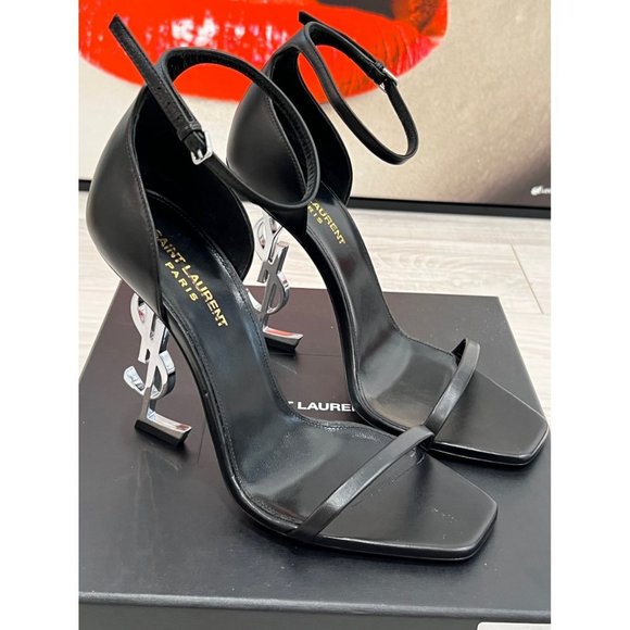 Saint Laurent Opyum YSL Logo-Heel Sandals In WHITE PATIENT  SAINT LAURENT Opyum YSL Silver Logo-Heel  Sandals